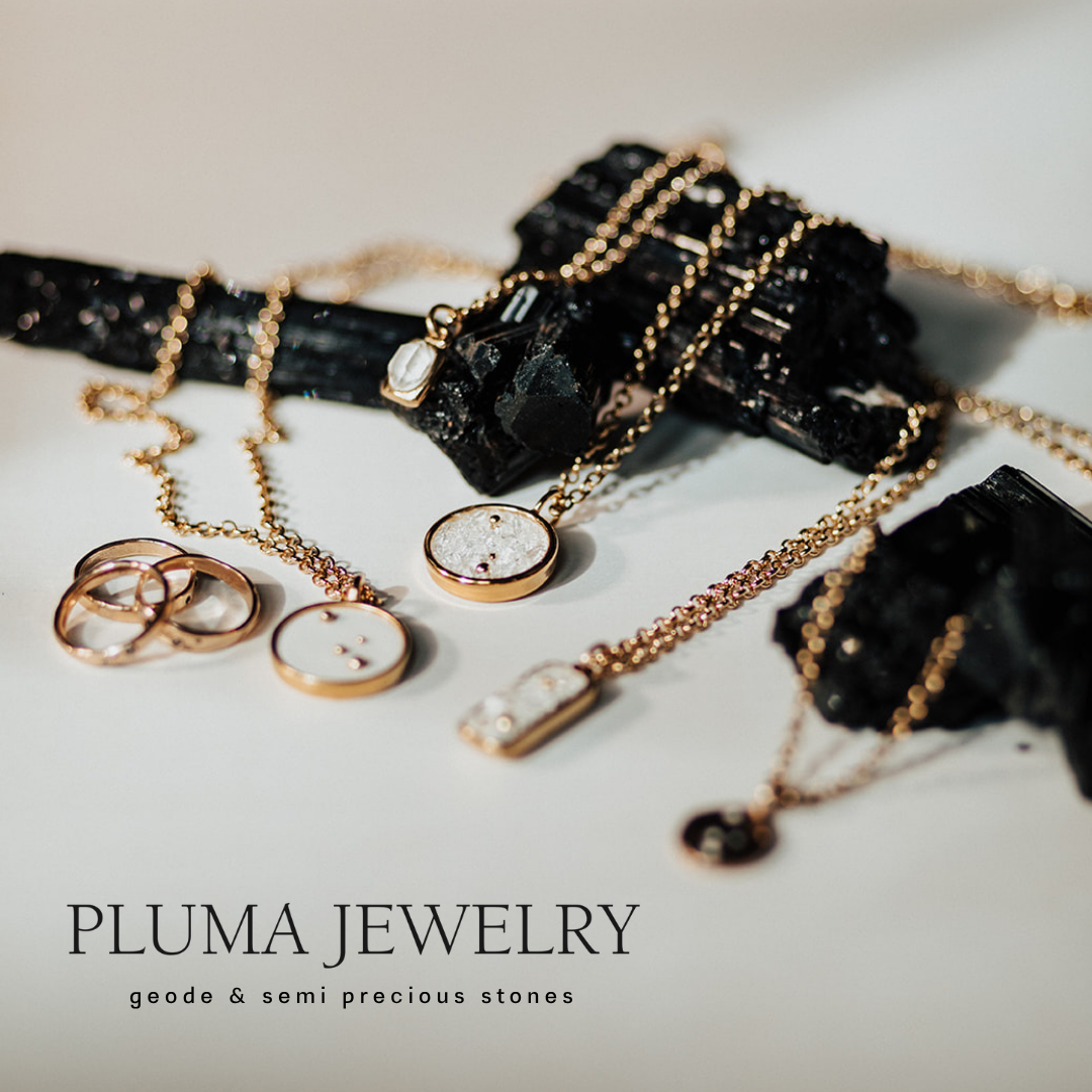 Pluma Jewelry geode and semi precious stones campaign graphic