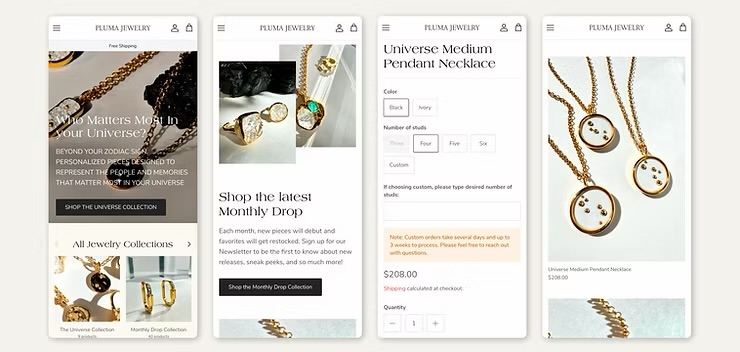 Pluma Jewelry mobile homepage and product configuration UX samples
