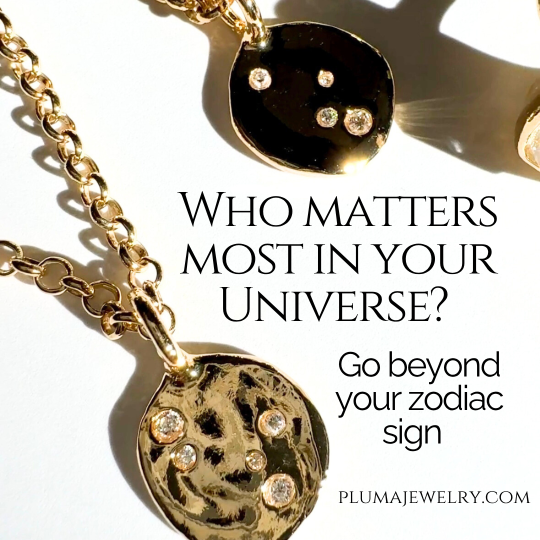 Pluma Jewelry universe collection graphic with pendant close-up