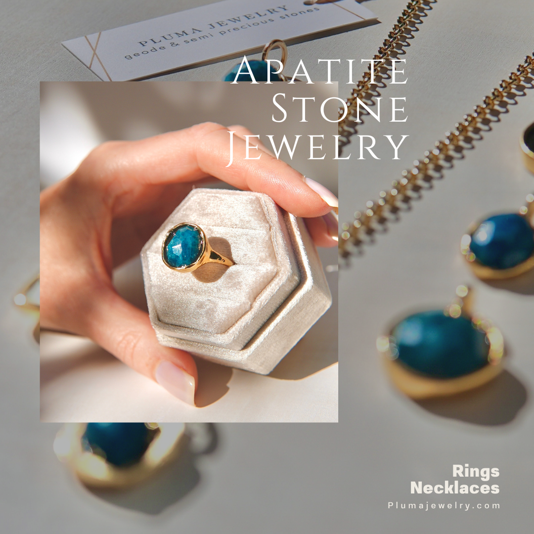 Pluma Jewelry apatite stone jewelry promotional graphic