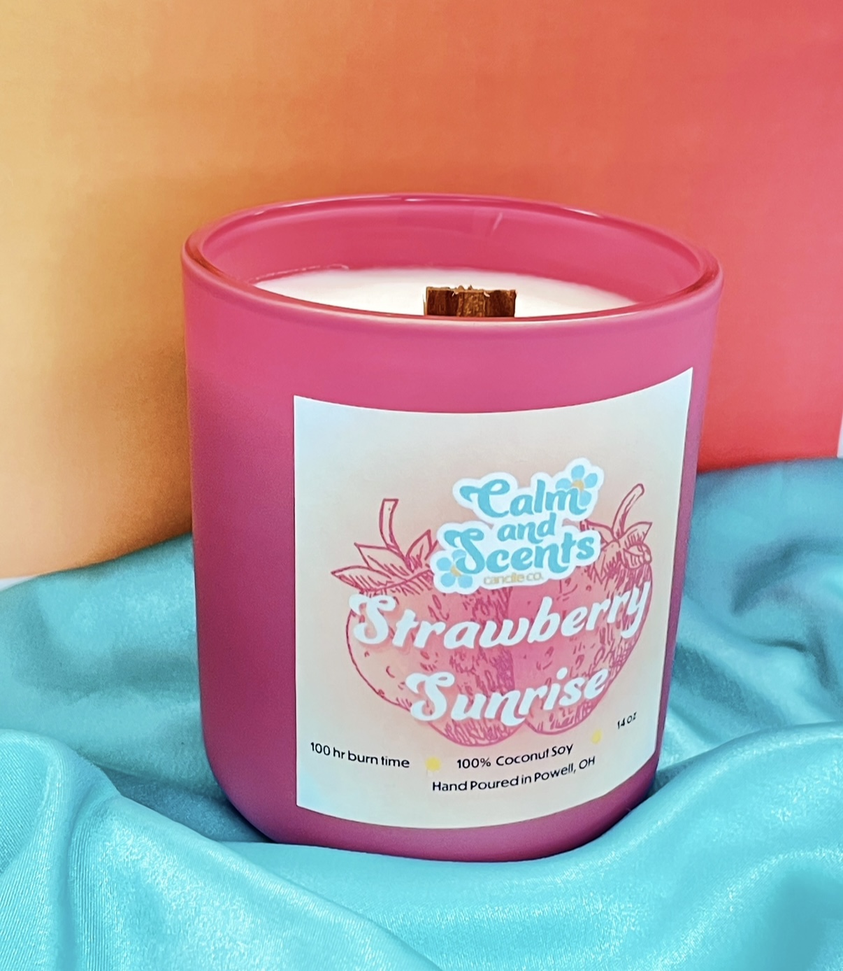 Strawberry Sunrise pink wood-wick candle
