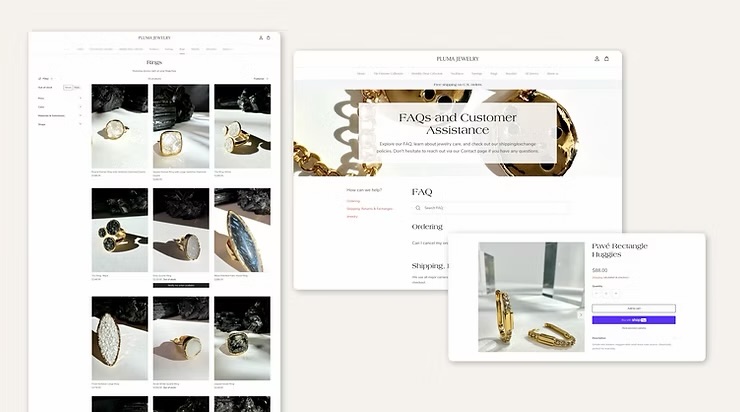Pluma Jewelry rings collection, FAQ, and product page UX samples