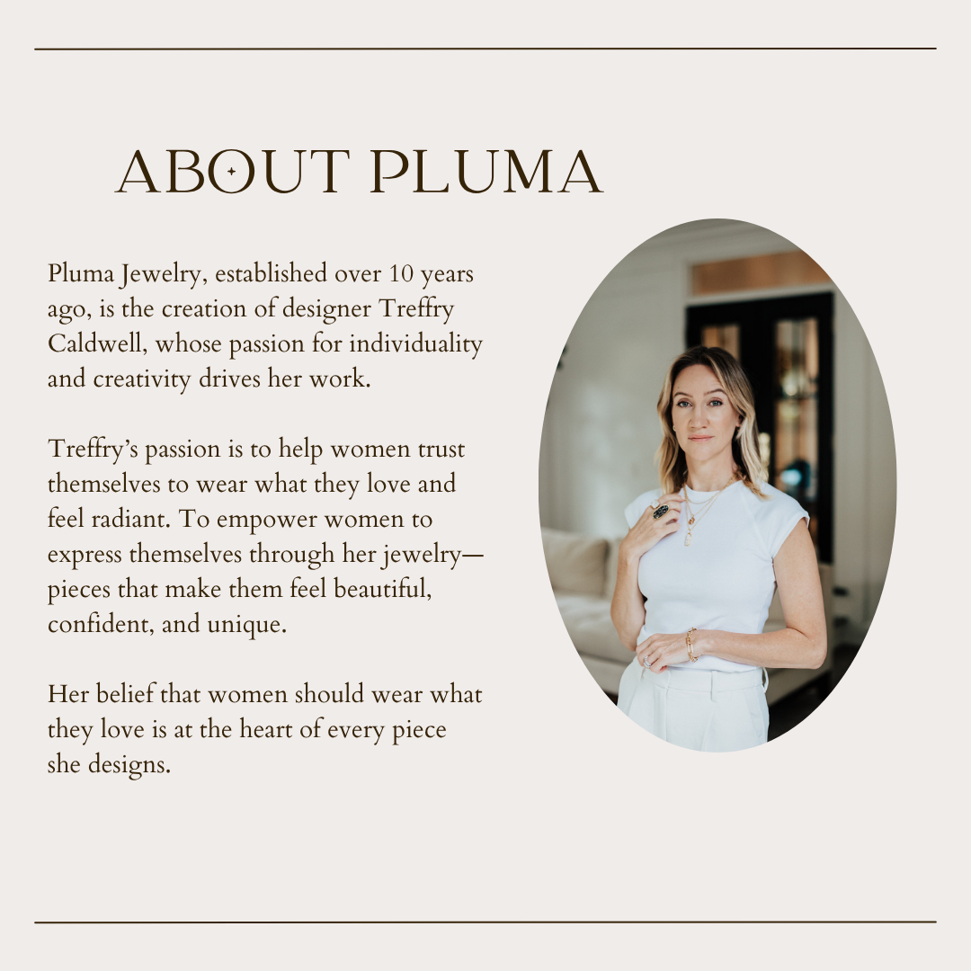 About Pluma brand story graphic with founder portrait
